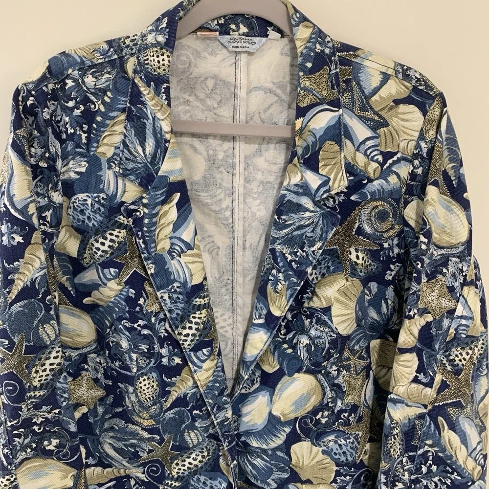 Vtg Novelty Blazer Jacket Womens Medium Seashell Canvas Nautical Coastal Beach
